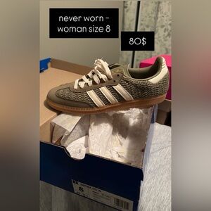 adidas Olive Green Woven-Textile Sneakers with White Stripes